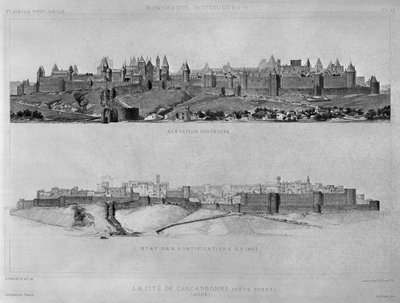 Uitzicht op Carcassonne vanaf de westkant, Staat van de vestingwerken en de stad in 1853, illustratie uit 